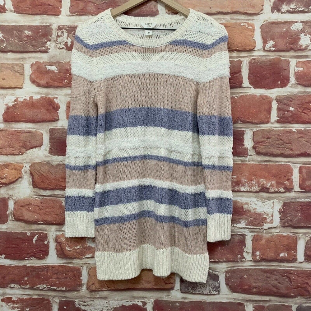 Ann Taylor Loft Sweater Women's Medium White Multicolor Fuzzy Striped Knit Tunic